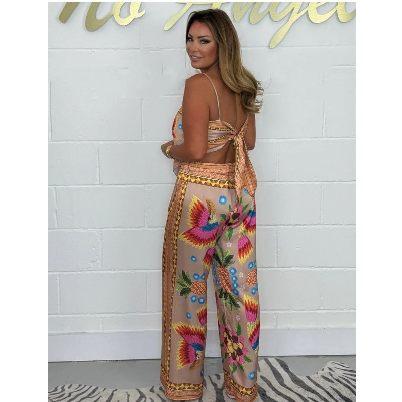 🔥New Arrival 60% OFF⚡50K+ SOLD!💝Spaghetti Strap Printed Top & Loose Women's Pants 2-Piece Set