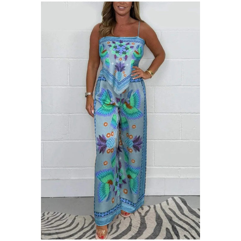 🔥New Arrival 60% OFF⚡50K+ SOLD!💝Spaghetti Strap Printed Top & Loose Women's Pants 2-Piece Set